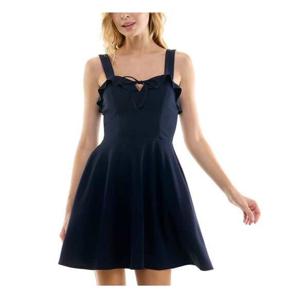 CITY STUDIO Dresses & Skirts - CITY STUDIO Womens Fit + Flare Short Dress Navy Tie Sleeveless Trim Juniors 3